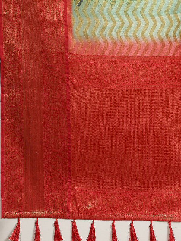 Green Art Silk Printed Abstract Saree with Unstitched Blouse - Hiral Fashion