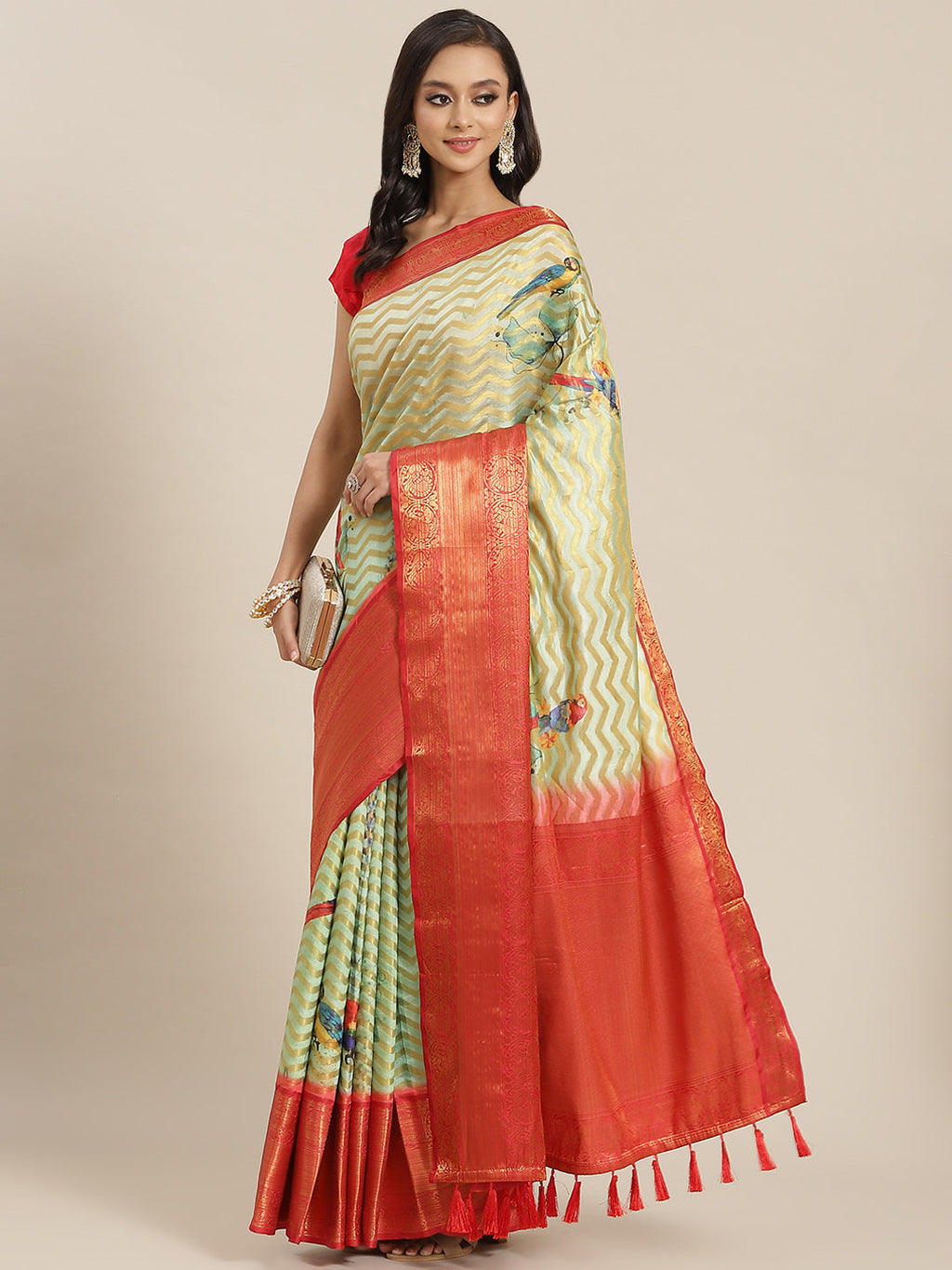Green Art Silk Printed Abstract Saree with Unstitched Blouse - Hiral Fashion
