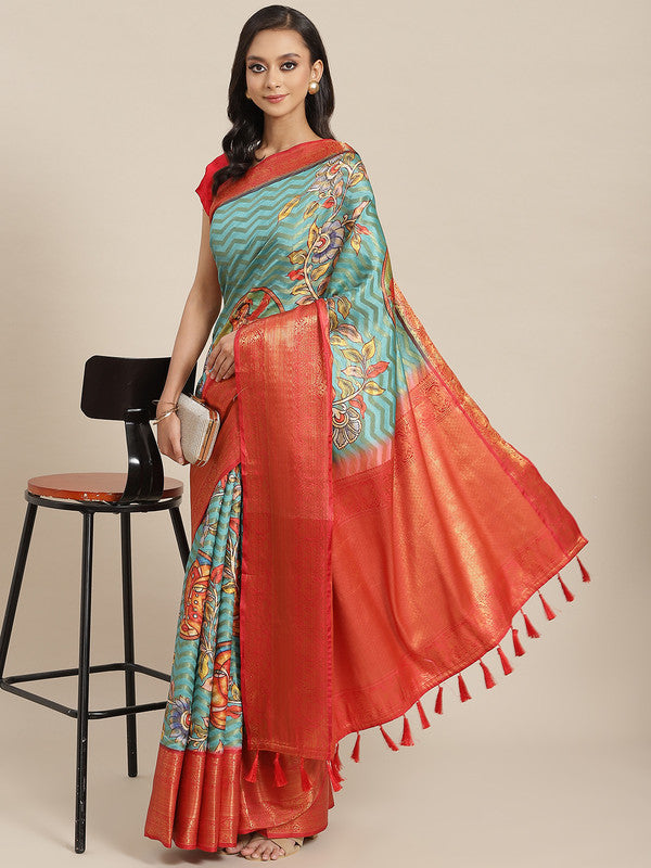 Turquoise Art Silk Printed Abstract Saree with Unstitched Blouse - Hiral Fashion