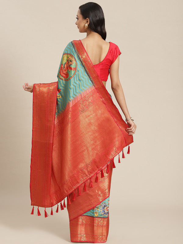 Turquoise Art Silk Printed Abstract Saree with Unstitched Blouse - Hiral Fashion
