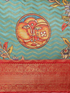 Turquoise Art Silk Printed Abstract Saree with Unstitched Blouse - Hiral Fashion