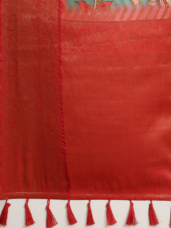 Turquoise Art Silk Printed Abstract Saree with Unstitched Blouse - Hiral Fashion