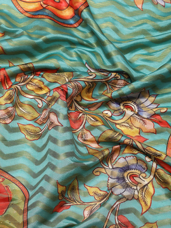 Turquoise Art Silk Printed Abstract Saree with Unstitched Blouse - Hiral Fashion