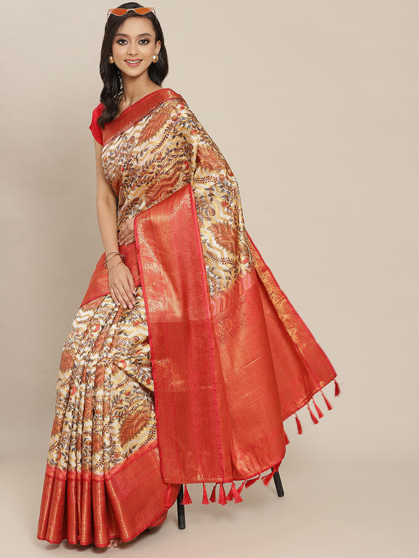 White Art Silk Printed Abstract Saree with Unstitched Blouse - Hiral Fashion