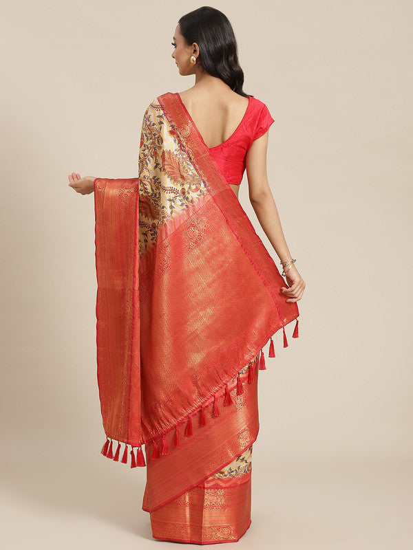 White Art Silk Printed Abstract Saree with Unstitched Blouse - Hiral Fashion