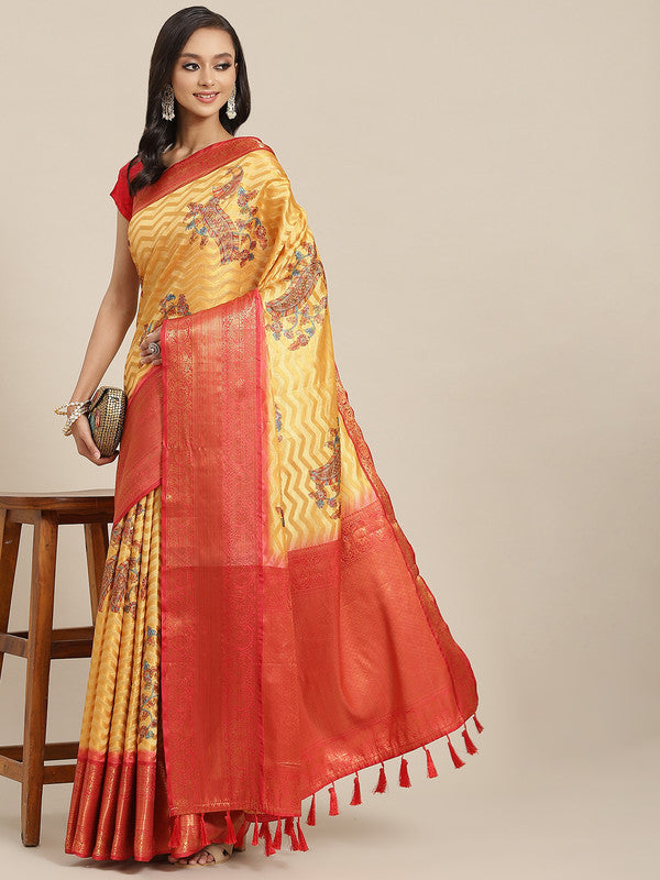 Yellow Art Silk Printed Abstract Saree with Unstitched Blouse - Hiral Fashion
