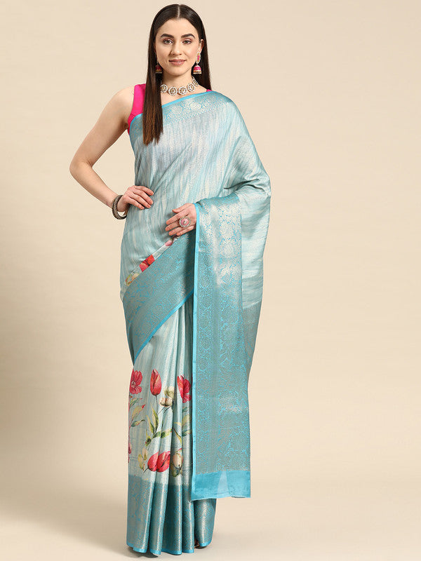 Blue Tissue Silk Digital Print Floral Saree with Unstitched Blouse - Hiral Fashion