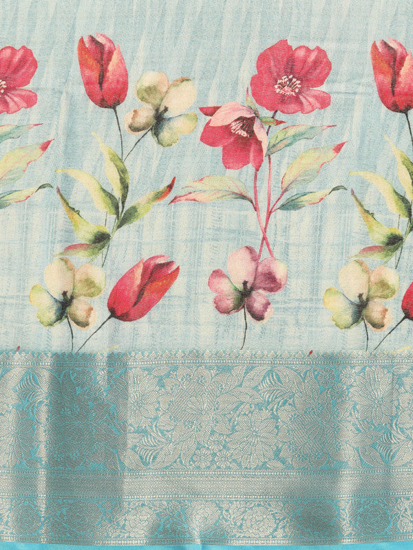 Blue Tissue Silk Digital Print Floral Saree with Unstitched Blouse - Hiral Fashion