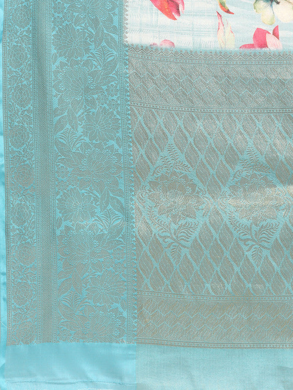 Blue Tissue Silk Digital Print Floral Saree with Unstitched Blouse - Hiral Fashion