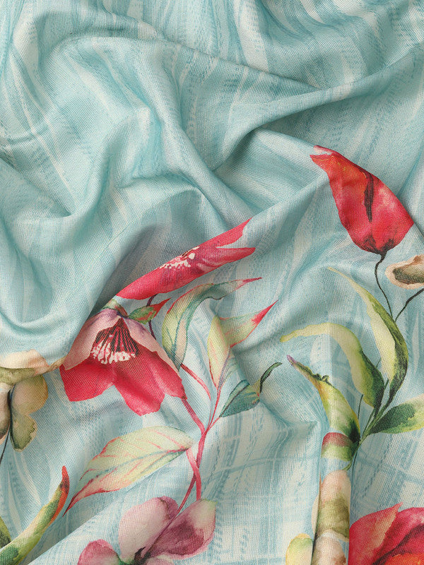 Blue Tissue Silk Digital Print Floral Saree with Unstitched Blouse - Hiral Fashion