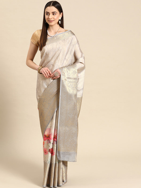 Gray Tissue Silk Digital Print Floral Saree with Unstitched Blouse - Hiral Fashion