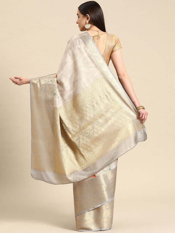 Gray Tissue Silk Digital Print Floral Saree with Unstitched Blouse - Hiral Fashion