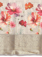 Gray Tissue Silk Digital Print Floral Saree with Unstitched Blouse - Hiral Fashion