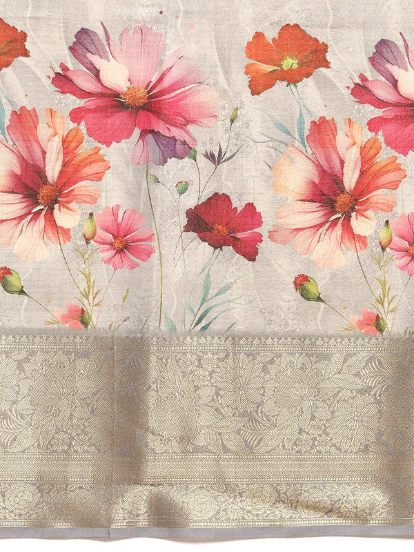 Gray Tissue Silk Digital Print Floral Saree with Unstitched Blouse - Hiral Fashion