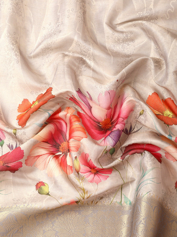 Gray Tissue Silk Digital Print Floral Saree with Unstitched Blouse - Hiral Fashion