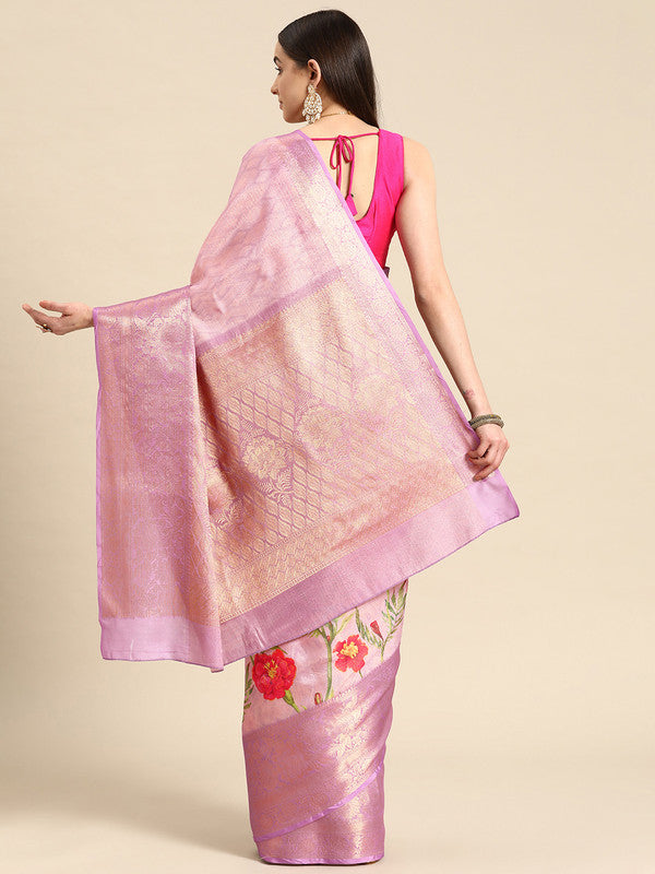 Lavender Tissue Silk Digital Print Floral Saree with Unstitched Blouse - Hiral Fashion