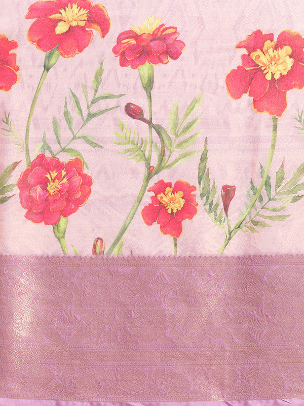 Lavender Tissue Silk Digital Print Floral Saree with Unstitched Blouse - Hiral Fashion