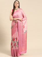 Pink Tissue Silk Digital Print Floral Saree with Unstitched Blouse - Hiral Fashion