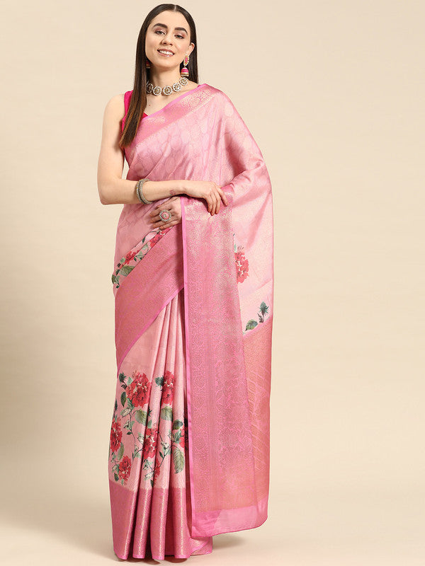 Pink Tissue Silk Digital Print Floral Saree with Unstitched Blouse - Hiral Fashion