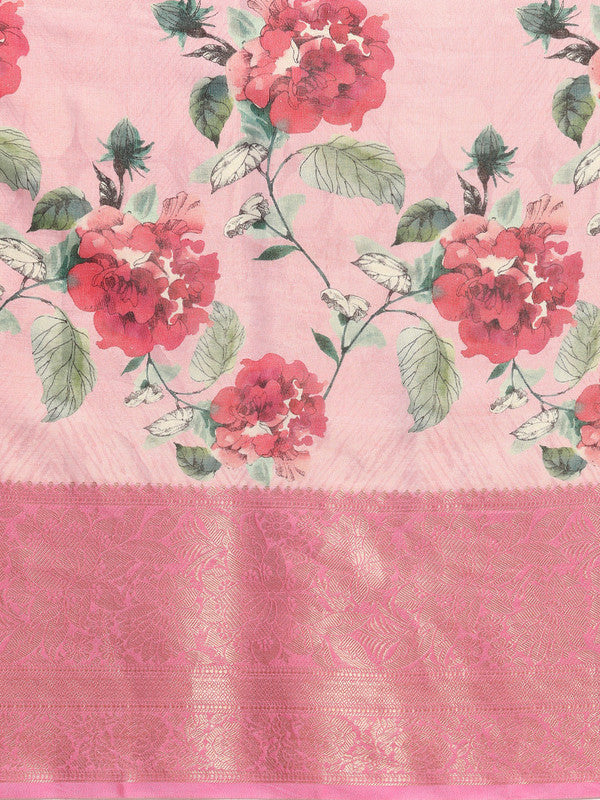 Pink Tissue Silk Digital Print Floral Saree with Unstitched Blouse - Hiral Fashion