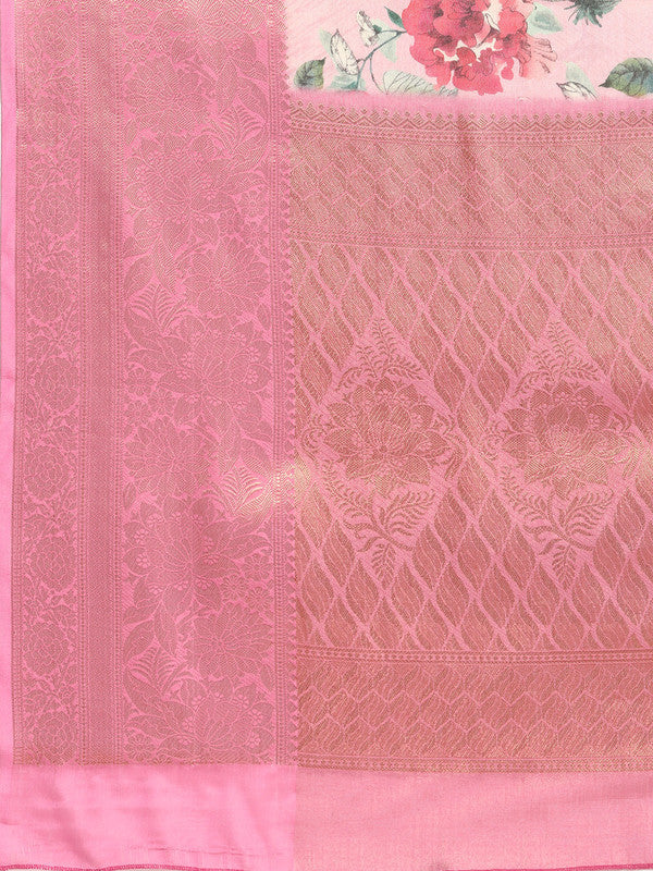 Pink Tissue Silk Digital Print Floral Saree with Unstitched Blouse - Hiral Fashion