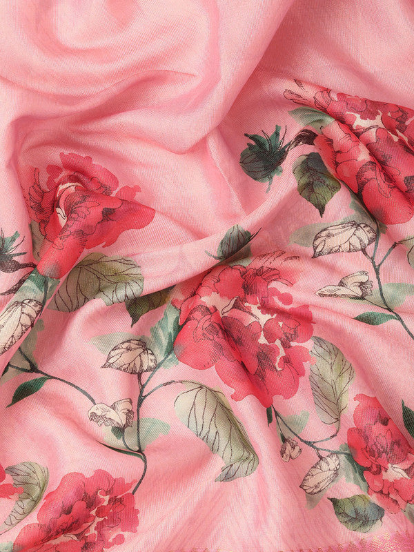 Pink Tissue Silk Digital Print Floral Saree with Unstitched Blouse - Hiral Fashion