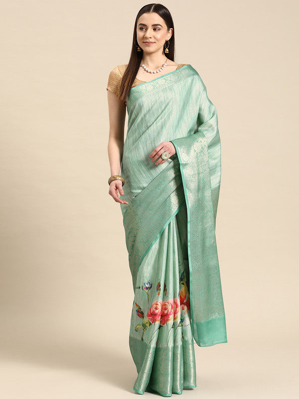 Turquoise Tissue Silk Digital Print Floral Saree with Unstitched Blouse - Hiral Fashion