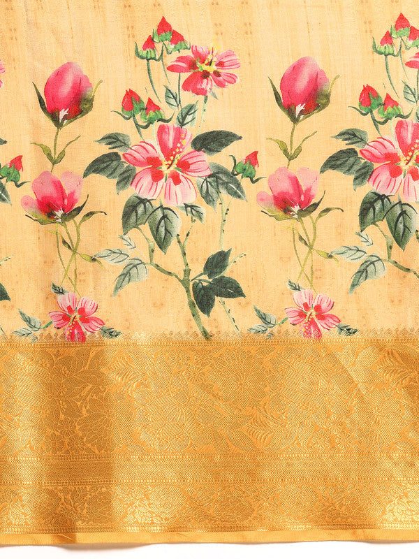 Yellow Tissue Silk Digital Print Floral Saree with Unstitched Blouse - Hiral Fashion