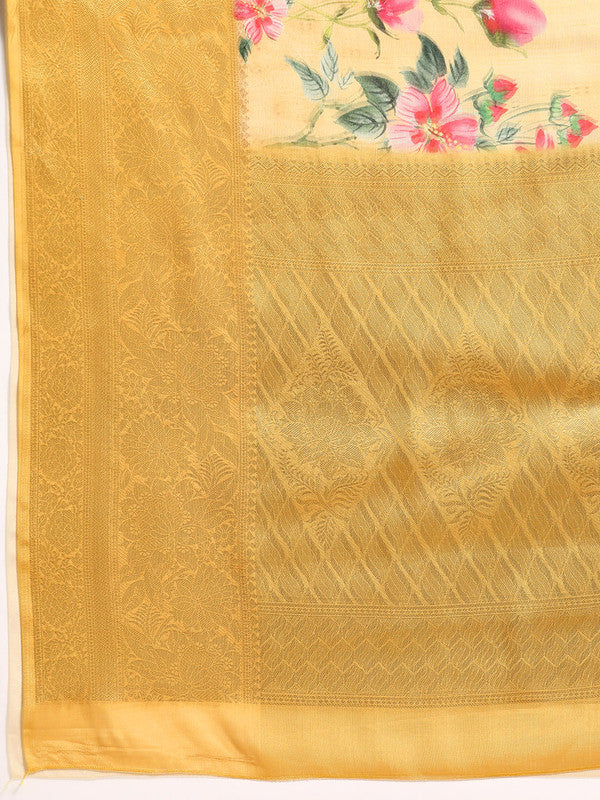 Yellow Tissue Silk Digital Print Floral Saree with Unstitched Blouse - Hiral Fashion