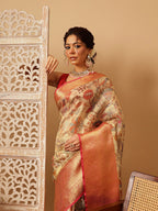 Hiral Fashion Beige Banarasi Muga Silk Pichwai Digital Printed Saree
