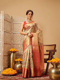 Hiral Fashion Beige Banarasi Muga Silk Pichwai Digital Printed Saree