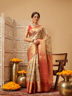 Hiral Fashion Beige Banarasi Muga Silk Pichwai Digital Printed Saree