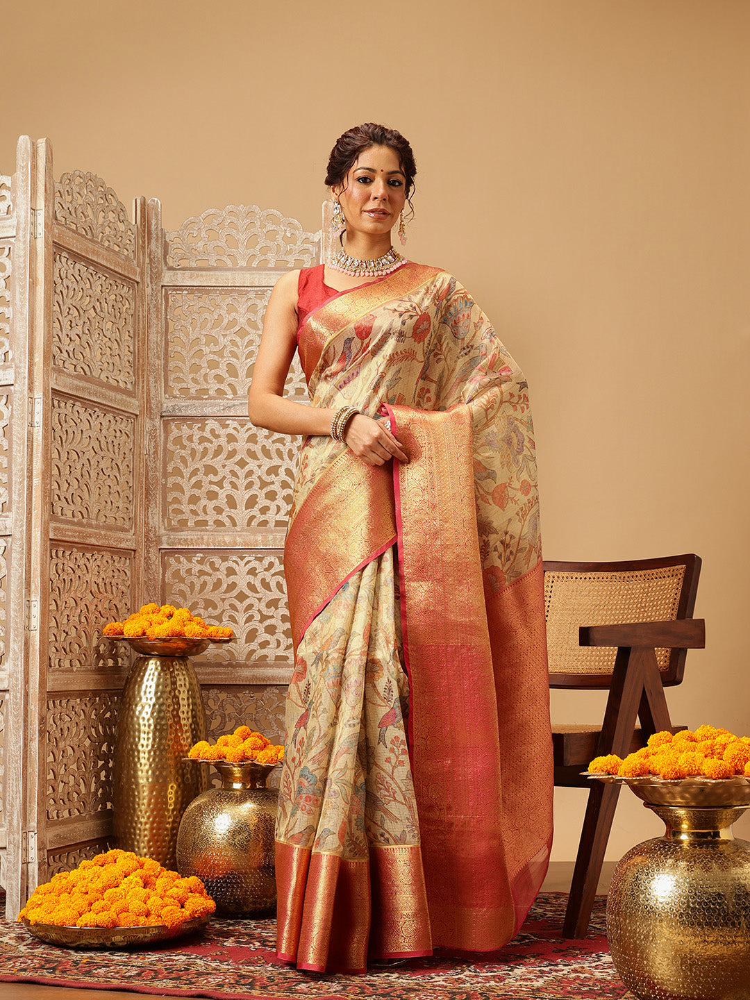 Hiral Fashion Beige Banarasi Muga Silk Pichwai Digital Printed Saree