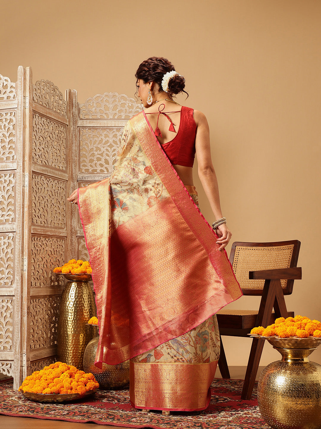Hiral Fashion Beige Banarasi Muga Silk Pichwai Digital Printed Saree