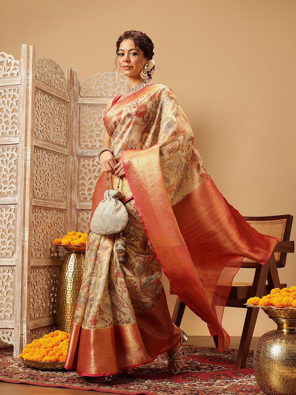 Hiral Fashion Beige Banarasi Muga Silk Pichwai Digital Printed Saree