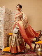 Hiral Fashion Beige Banarasi Muga Silk Pichwai Digital Printed Saree