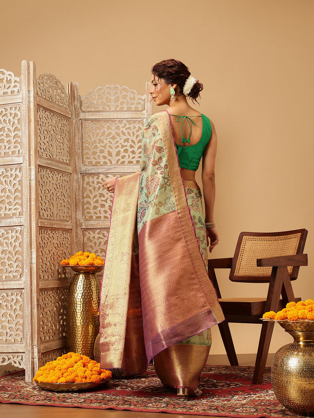 Hiral Fashion Green Banarasi Muga Silk Pichwai Digital Printed Saree