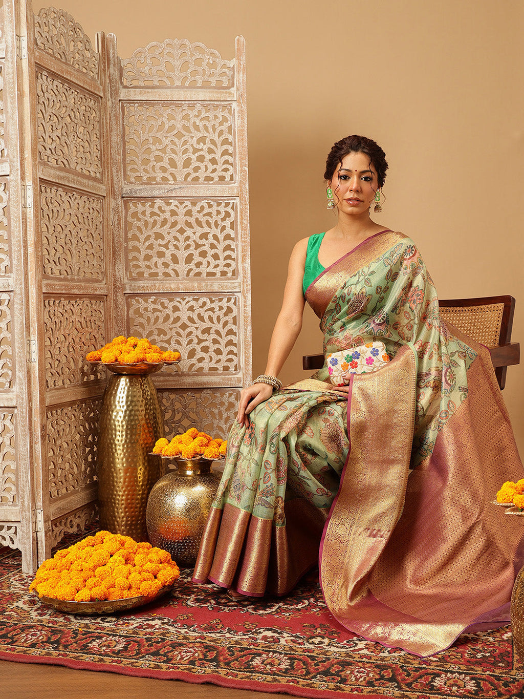 Hiral Fashion Green Banarasi Muga Silk Pichwai Digital Printed Saree