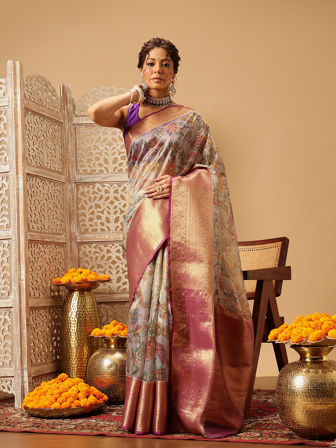Hiral Fashion Lavender Banarasi Muga Silk Pichwai Digital Printed Saree