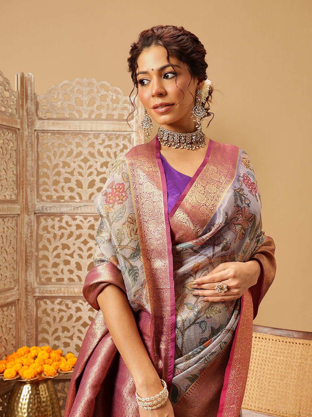 Hiral Fashion Lavender Banarasi Muga Silk Pichwai Digital Printed Saree