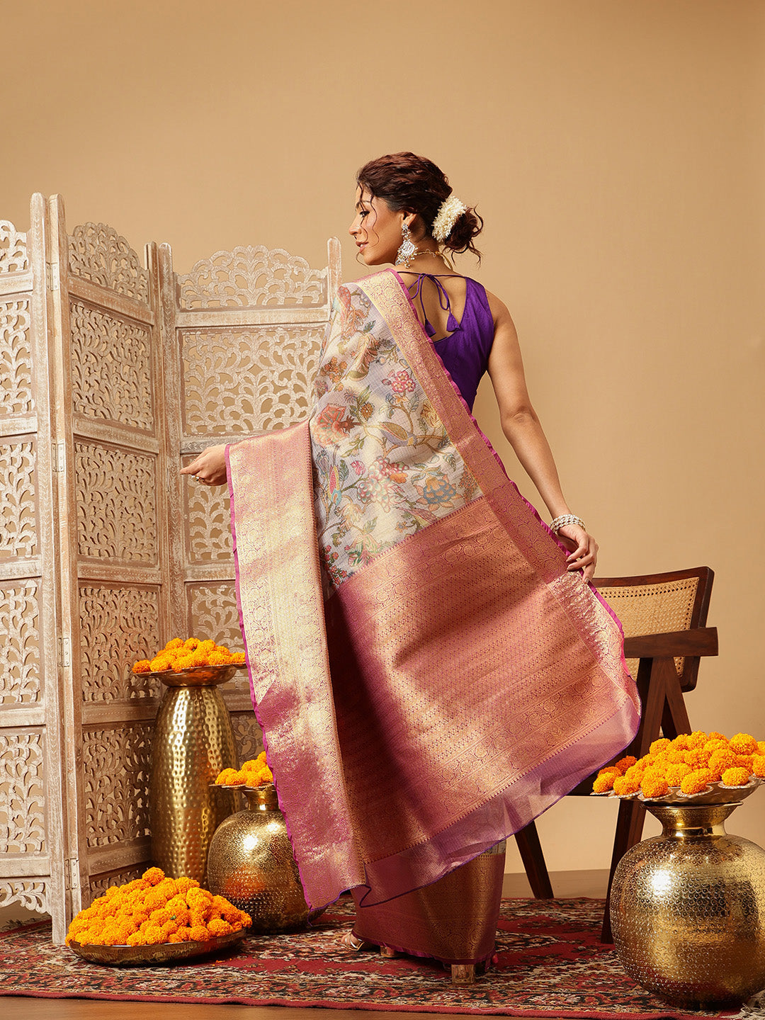 Hiral Fashion Lavender Banarasi Muga Silk Pichwai Digital Printed Saree