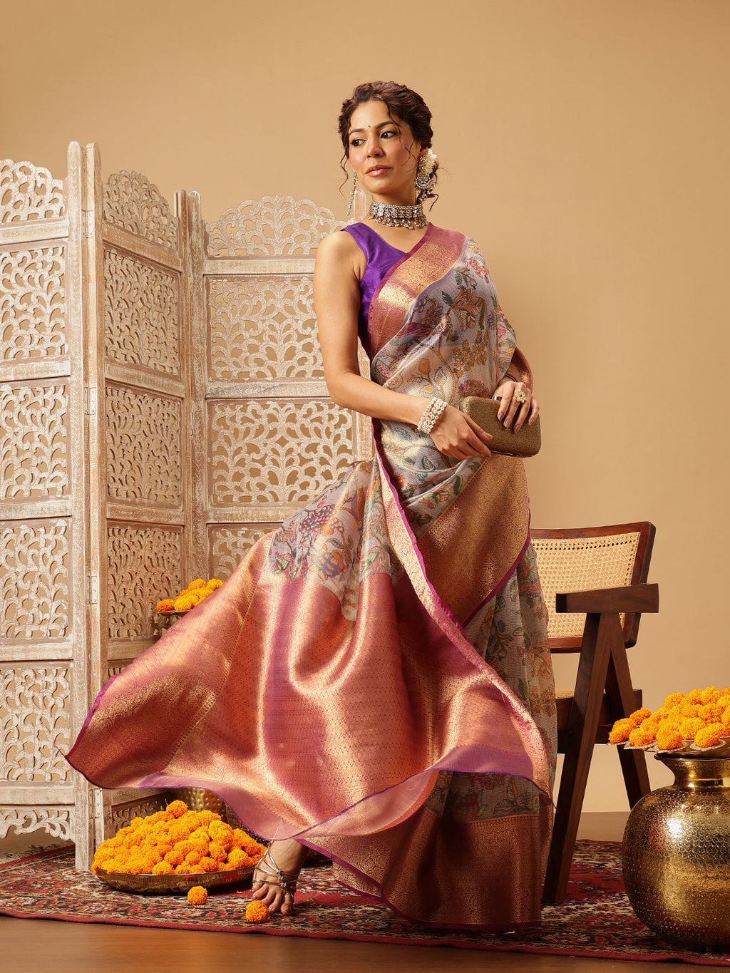 Hiral Fashion Lavender Banarasi Muga Silk Pichwai Digital Printed Saree