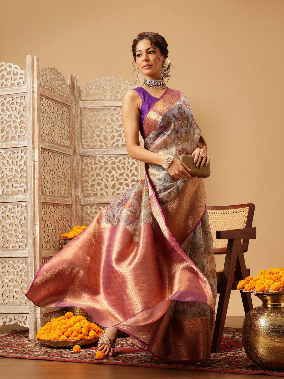 Hiral Fashion Lavender Banarasi Muga Silk Pichwai Digital Printed Saree