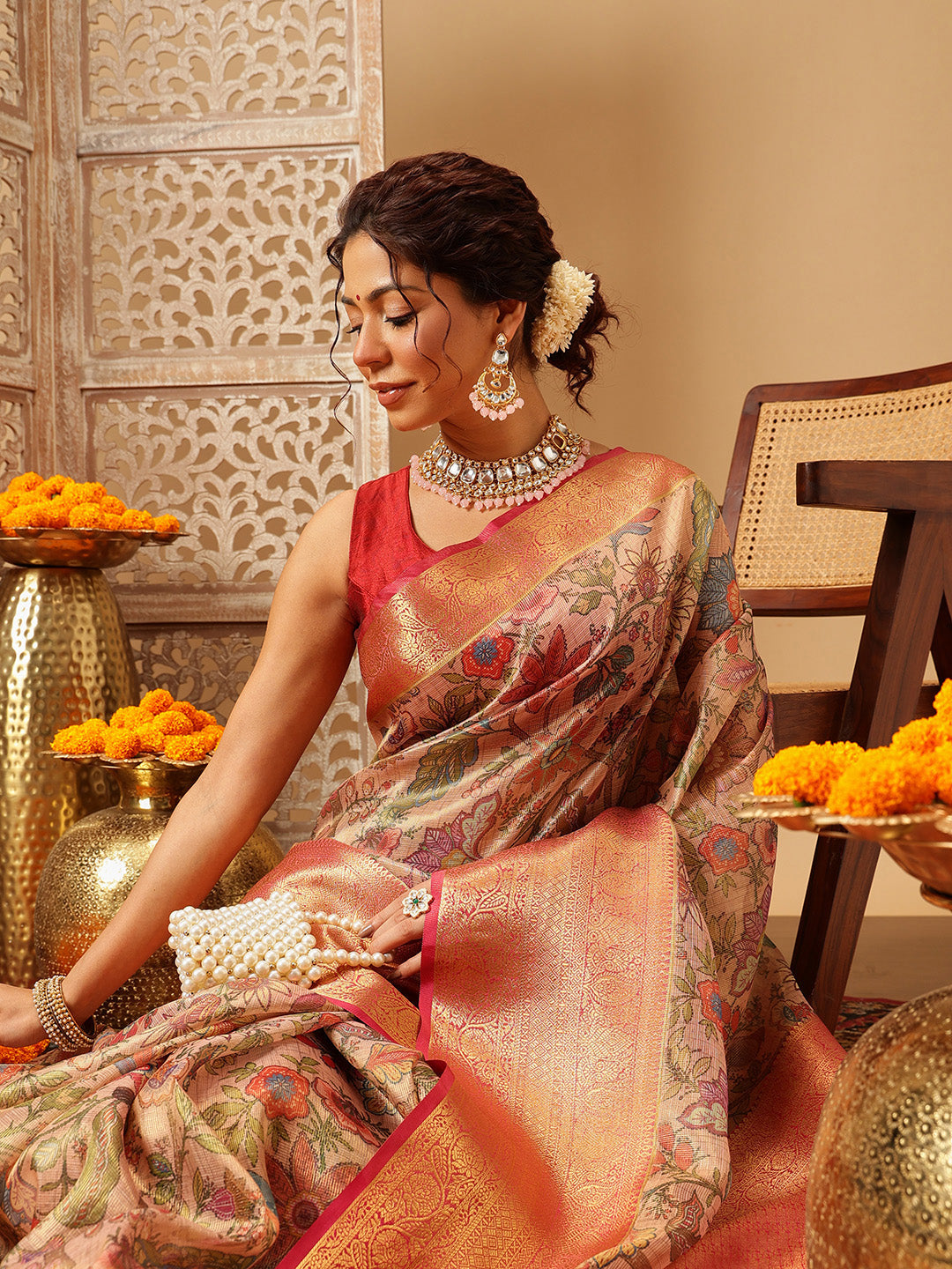 Hiral Fashion Peach Banarasi Muga Silk Pichwai Digital Printed Saree