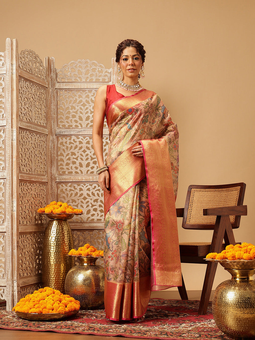 Hiral Fashion Peach Banarasi Muga Silk Pichwai Digital Printed Saree