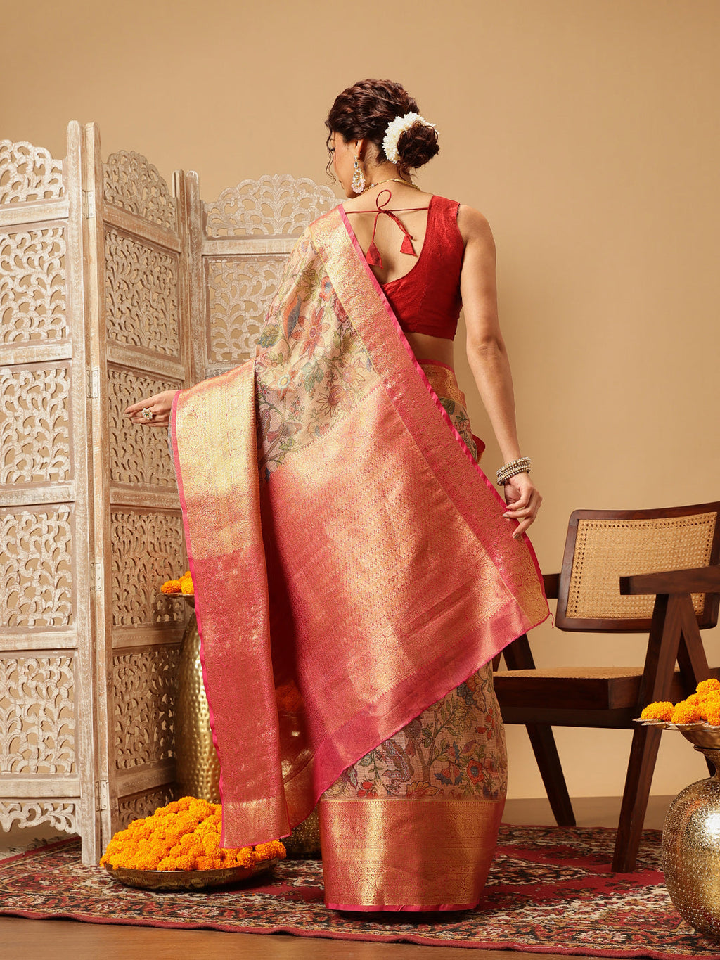 Hiral Fashion Peach Banarasi Muga Silk Pichwai Digital Printed Saree