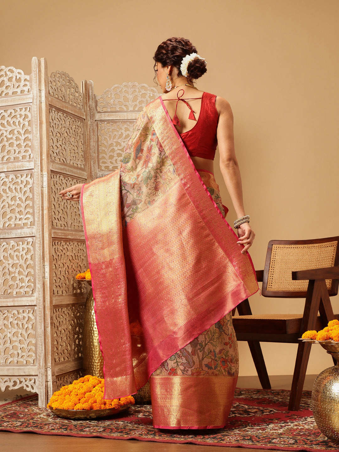 Hiral Fashion Peach Banarasi Muga Silk Pichwai Digital Printed Saree