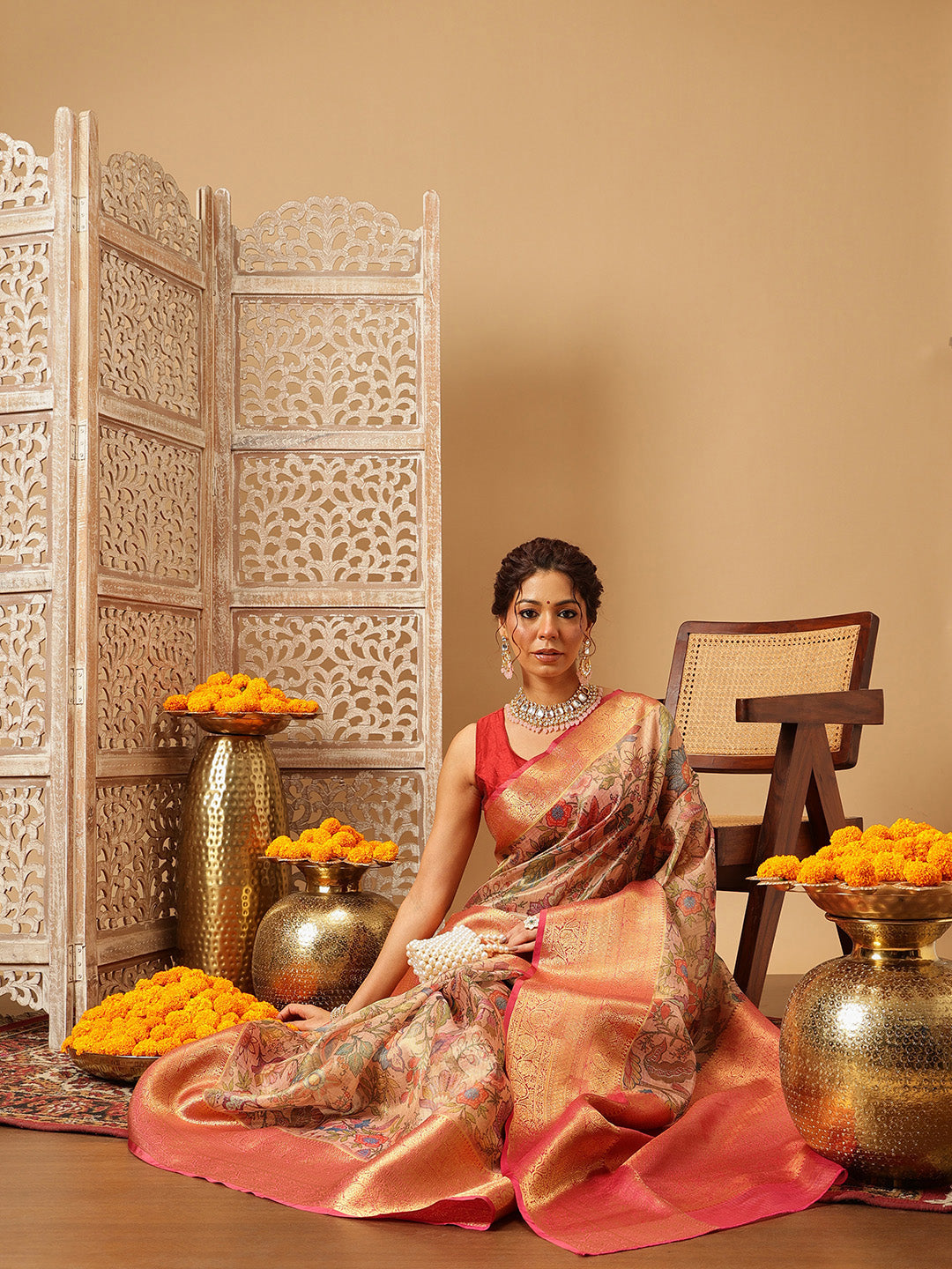 Hiral Fashion Peach Banarasi Muga Silk Pichwai Digital Printed Saree