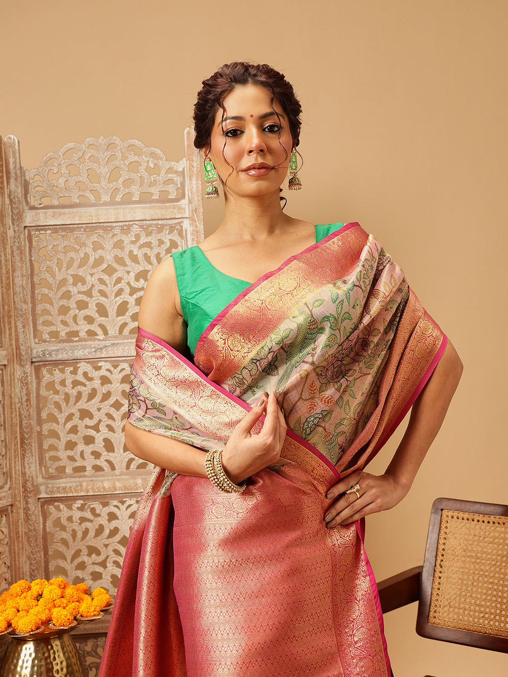 Hiral Fashion Pink Banarasi Muga Silk Pichwai Digital Printed Saree