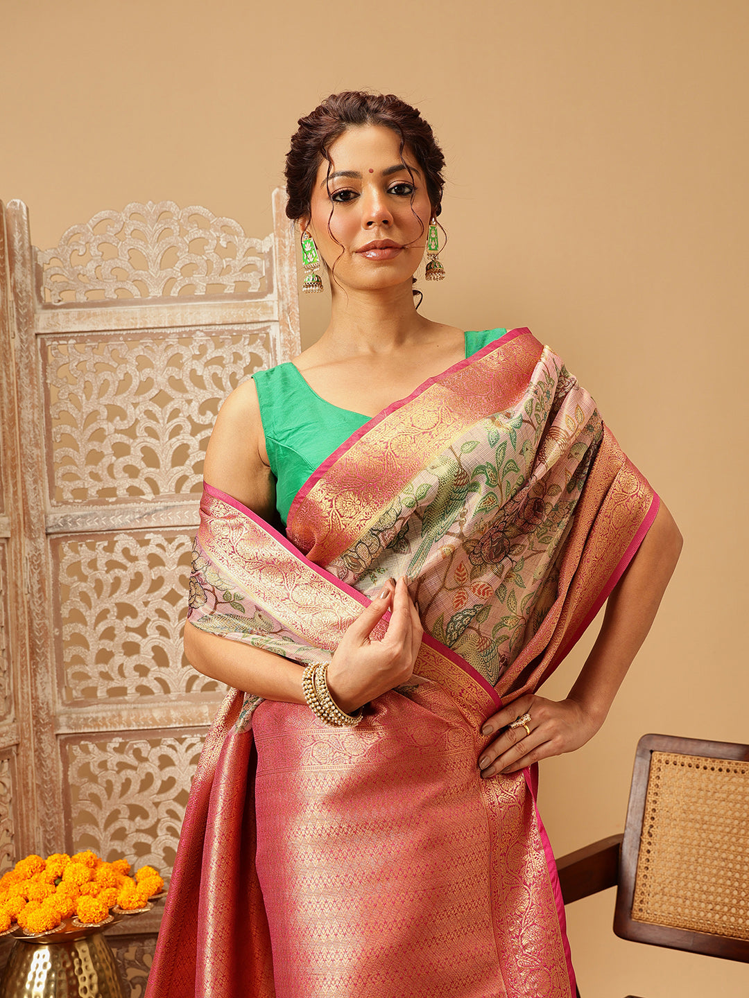Hiral Fashion Pink Banarasi Muga Silk Pichwai Digital Printed Saree